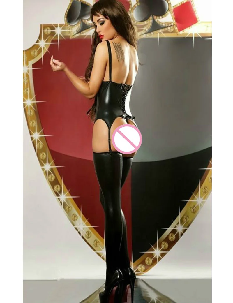 Женское белье с вырезом Babydoll black Wet Look боди красным бантом готическое