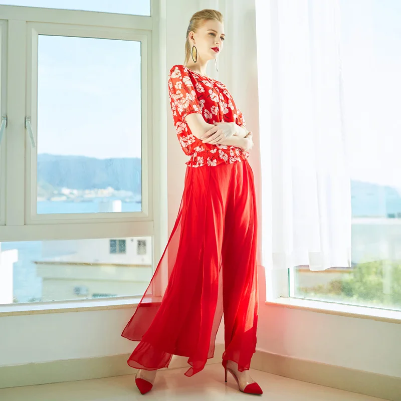 Летняя шелковая футболка PIXY женская красная с коротким рукавом и принтом пляжный