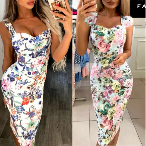 

New 2019 Women Bandage Bodycon Sleeveless High Waist Evening Party Cocktail Club Floral Dress