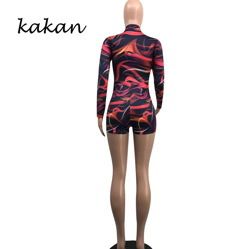 

Kakan new print sexy tight jumpsuit sexy nightclub zipper short jumpsuit club party jumpsuit no belt
