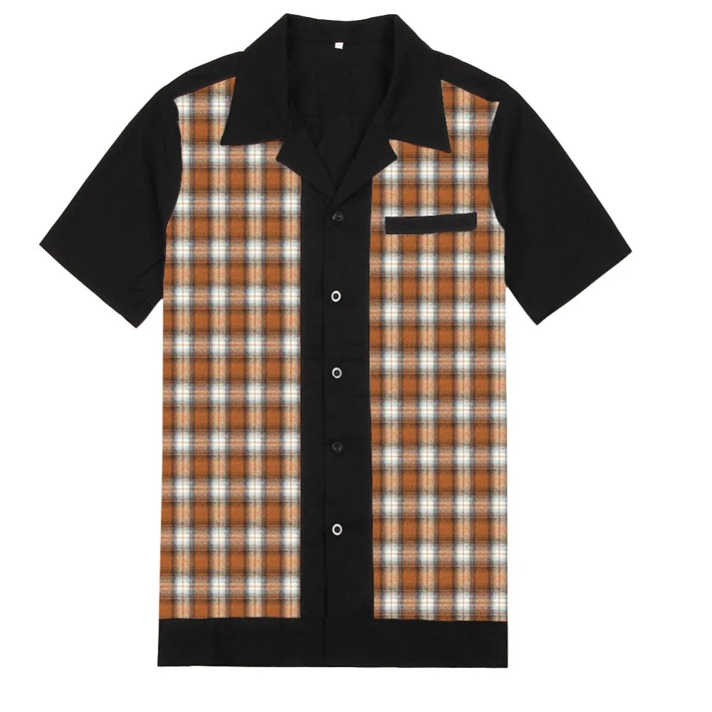 

Patchwork Plaid Shirts Men's Blouse Short Sleeve Casual Button Down Shirts Camiseta Retro Hombre Bowling Dress Male Shirts