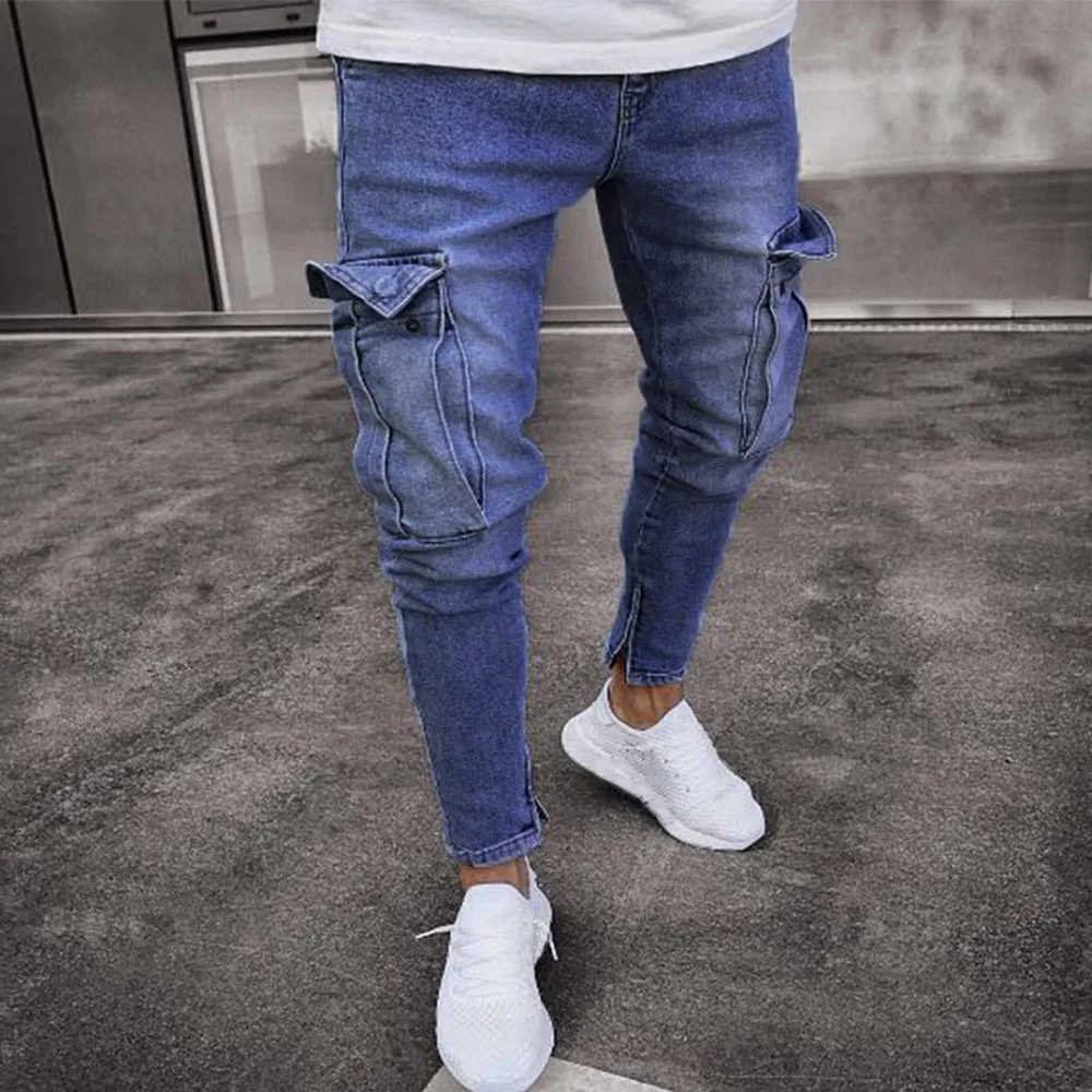 Мужские джинсовые ткани Пант Проблемные Ripped Freyed Slim Fit карман джинсы Широкие брюки