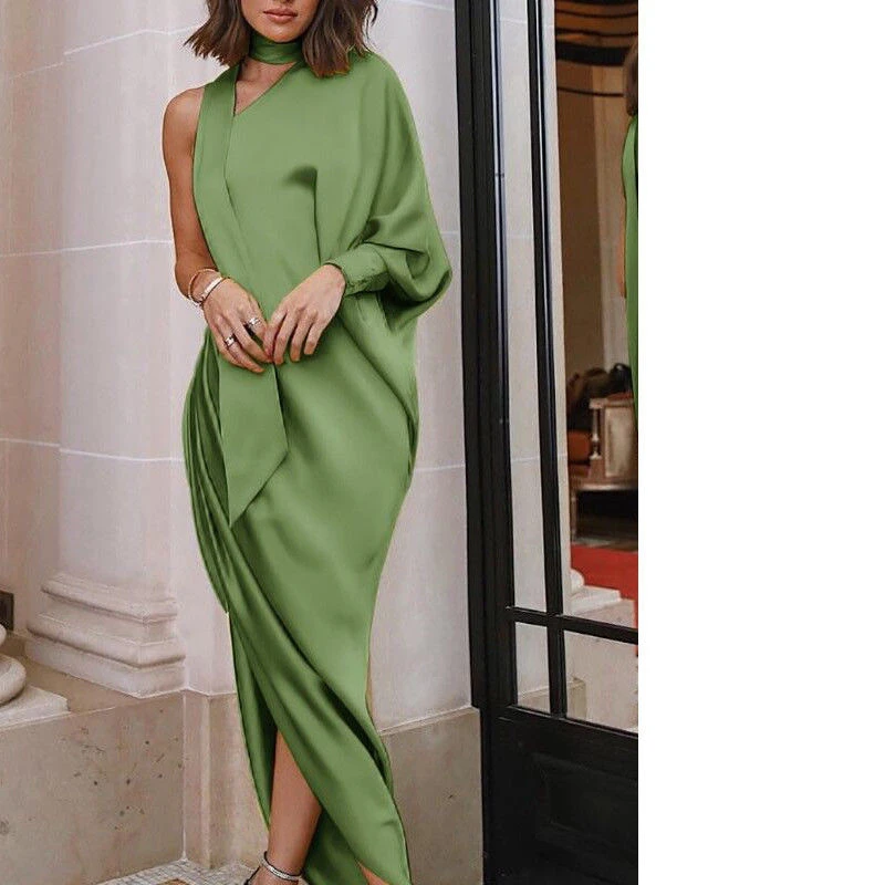 

New Grace Womens Fashion Dress One Shoulder Sexy Ladies Solid Color Grace Split Evening Party Dress Summer Dress