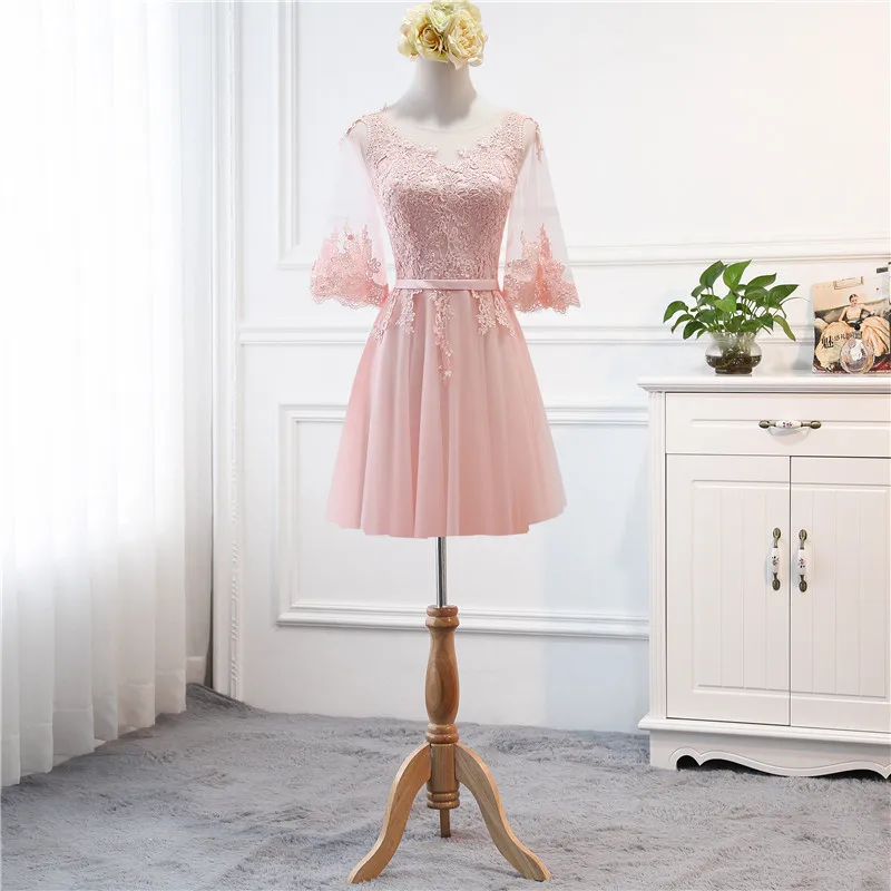 pink short Новые пастельные розовые платья для подружек невесты, кружевное платье с рукавом до локтя на весну и осень для улицы, свадебное платье, официальное платье demoiseur D'honneu - Цвет: pink short