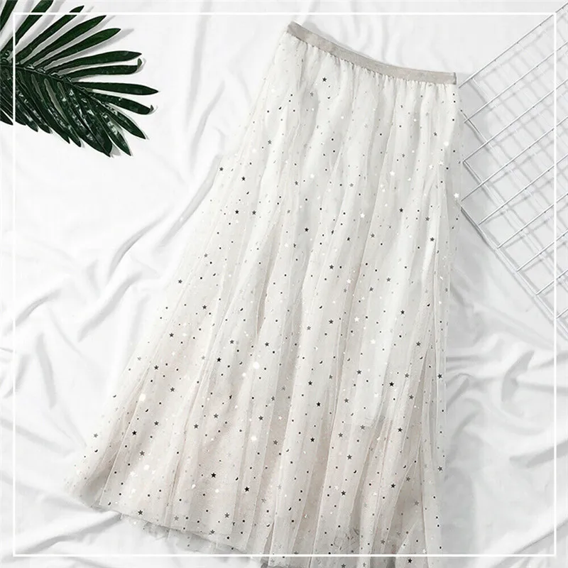 Женская уличная юбка vestidos mujer с высокой талией, плиссированная юбка, свободная длинная юбка, юбка из тюля со звездами и Луной