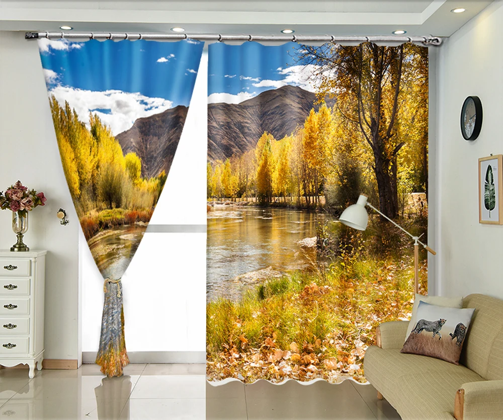 Green tree creek under blue sky 3d Digital Printing Stereo Cutoff Curtains High Precision Black Silk | Дом и сад