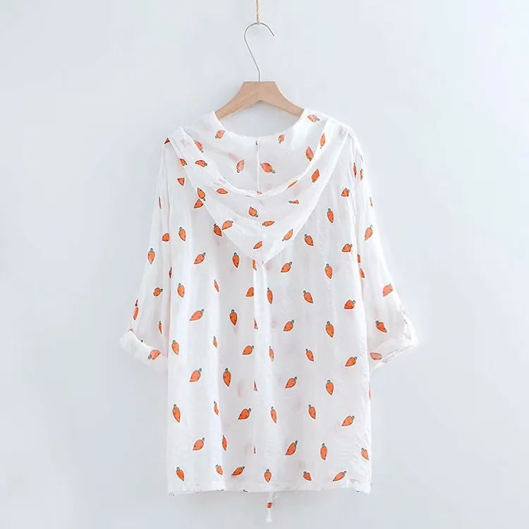 Carrot Printed Cute Women Shirt Loose Hooded Top Femme Long Sleeve Thin Sun Protection Cardigan Casual Female Blouses New Blusa |