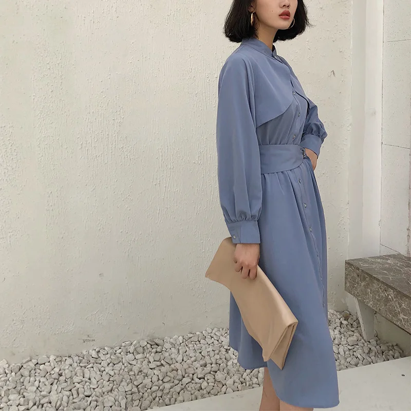 Женское длинное платье миди на пуговицах Cheerart синее шнуровке туника с длинным