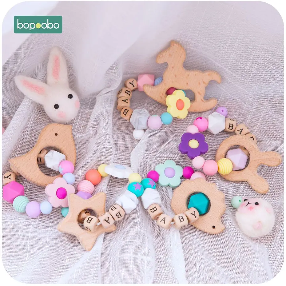 Bopoobo 1 шт. Beech Animal браслет для прорезывающихся зубов персонализированные Индивидуальные Детские имя силиконовые в форме цветка деревянные погремушки милые игрушки "Кролик" кольцо