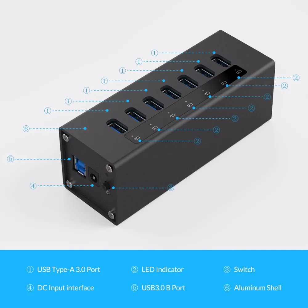 Высокоскоростной Алюминиевый Концентратор ORICO USB 3 0 с 7 портами Разветвитель Usb 12