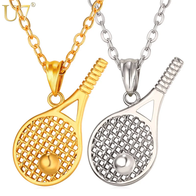 

U7 Men Stainless Steel Tennis Racket Ball Pendant Necklace Gold Color Jewel Gift for Sports Lover Unisex