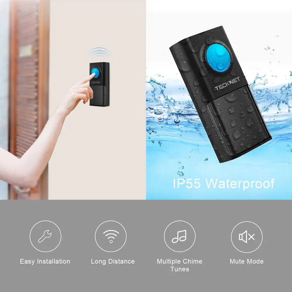 TeckNet Беспроводной дверной звонок Водонепроницаемый IP55 с двойными стенками