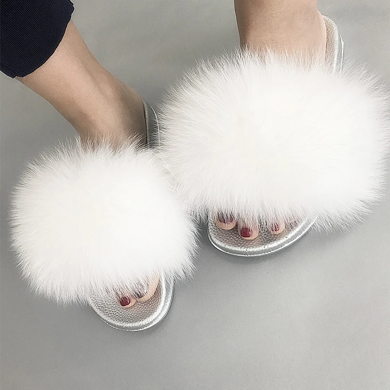 Yu Kube High Quality Plush Furry Real Fur Slippers N Ladies Real Fox Hair Slides Summer Shoes Women Plus Size Flip Flops