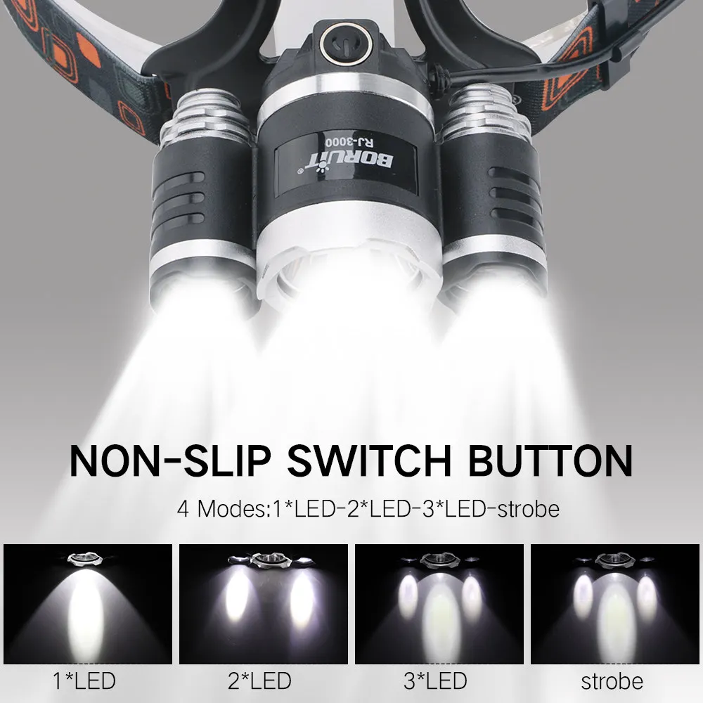 BORUiT RJ-3000 XM-L2 R5 светодиодный налобный фонарь 18650 Батарея USB Зарядное устройство фар 4-режиме Водонепроницаемый Головной фонарь Кемпинг Рыбалка фонарик