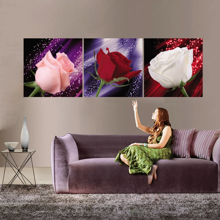 Картина маслом цветка 3 шт Холст Искусство современные красные розы украшение