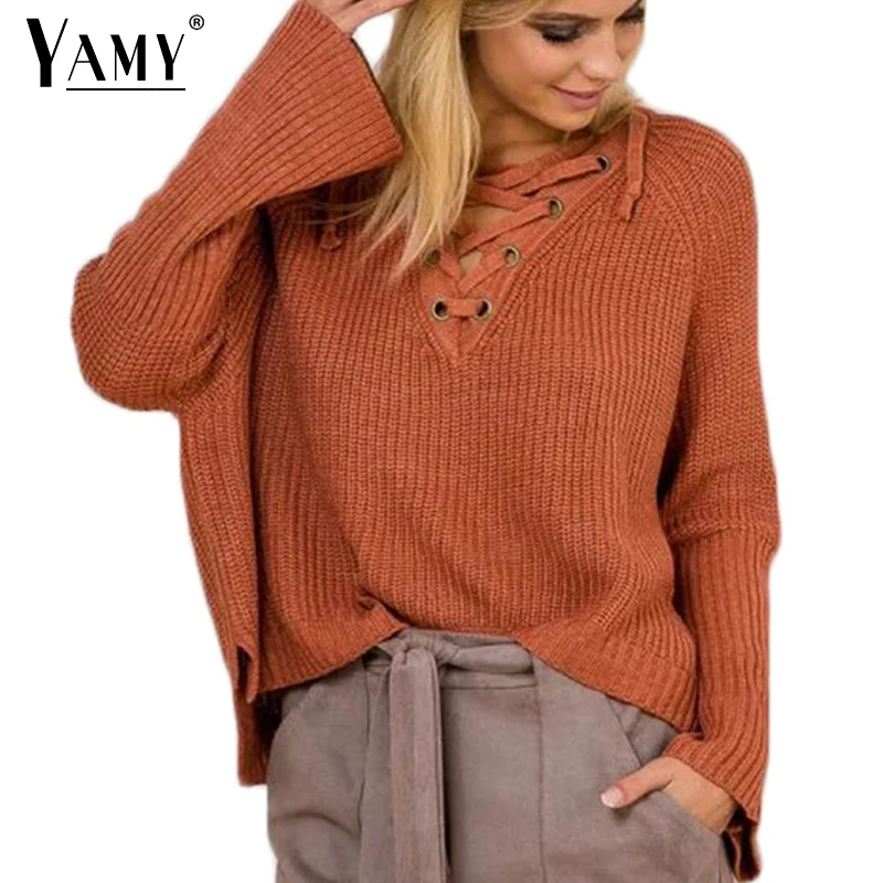 Однотонные вязаные осенние свитера со шнуровкой женские повседневные свободные