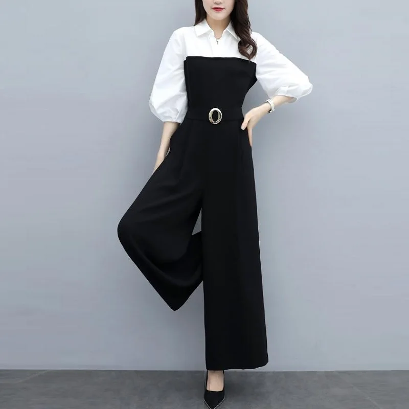 Spring Female Jumpsuit 2019 White Black Patchwork Wide Leg High Waist Business Celebrity Elegant Jumpsuits For Women 2019 DD2084