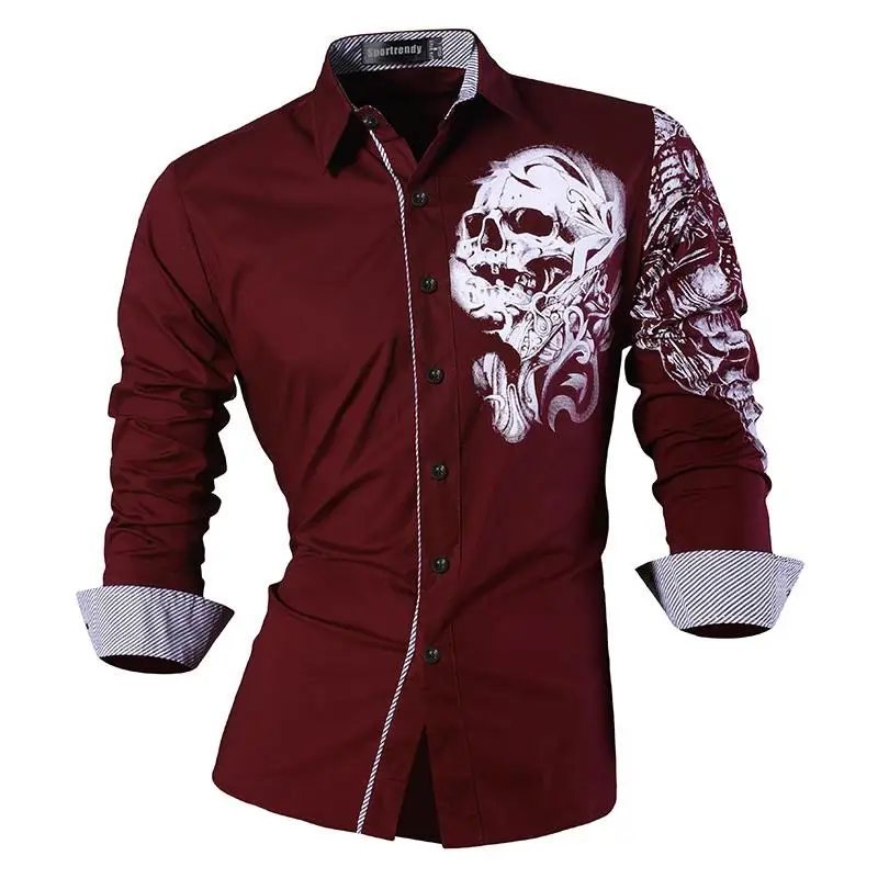 JZS042-WineRed Sportrendy Мужская рубашка платье повседневное с длинным рукавом Slim Fit Мода Дракон стильный JZS041 - Цвет: JZS042-WineRed