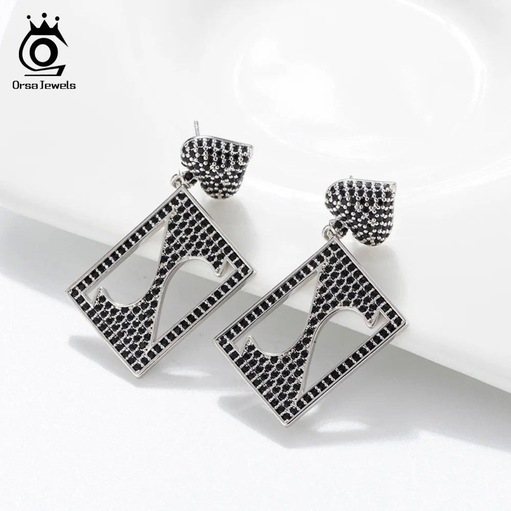 ORSA JEWELS женские Винтажные висячие серьги квадратной формы 37 мм черные кристаллические серьги дизайн покера Ювелирные серьги OE234