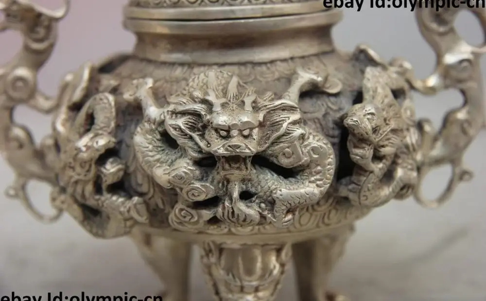 Китайский Буддизм Тибет серебро два Дракон играющий с Бусиной Ладан горелки