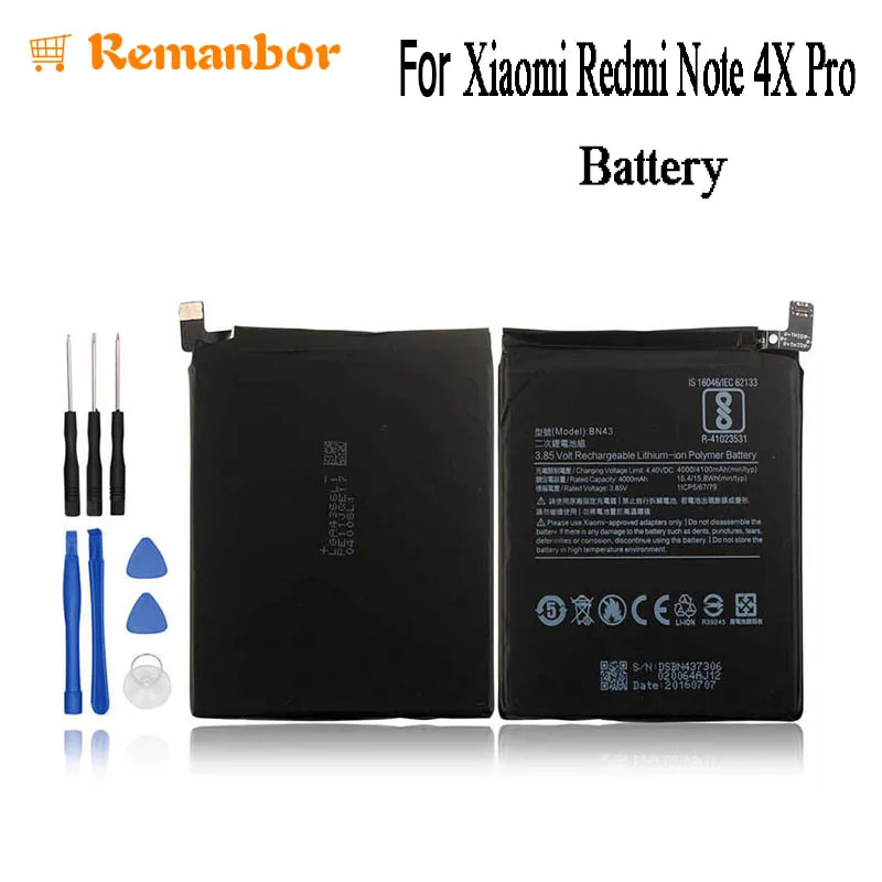 Аккумулятор Remanbor BN43 для Xiaomi Redmi Note 4X 3G+32G, комплектующие батареи 4 глобальных Snapdragon 625+Инструменты.