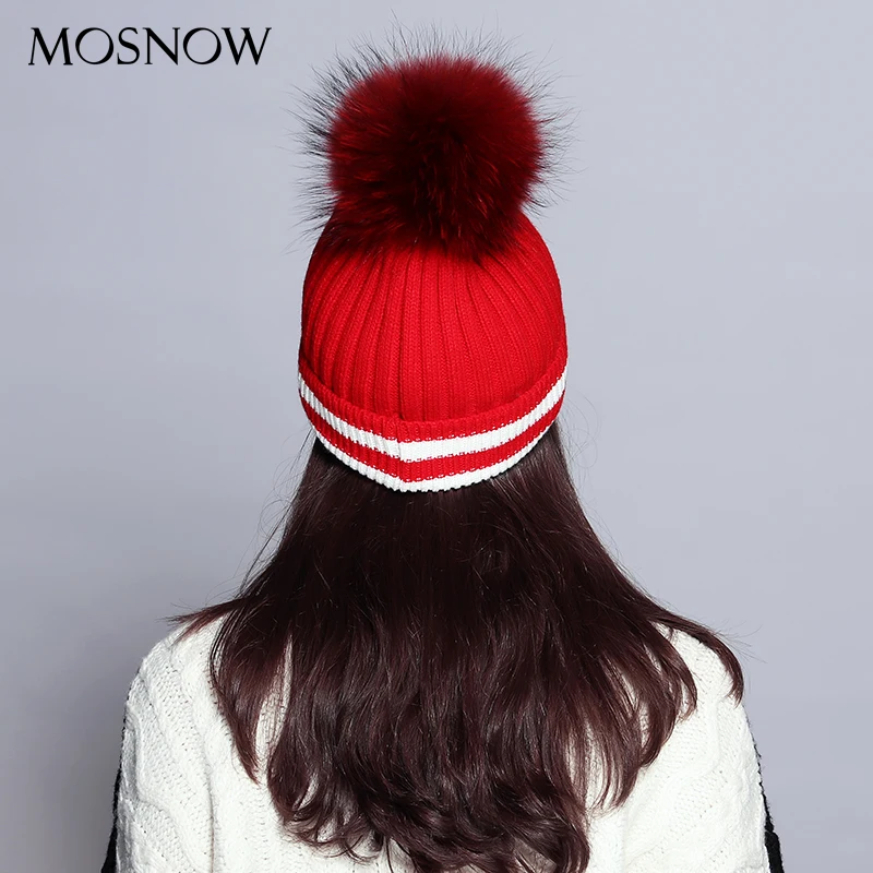 Beanies Лоскутные элегантные шерстяные вязанные шапки высокого качества помпон из меха енота Новая модная шапка Femme# MZ731