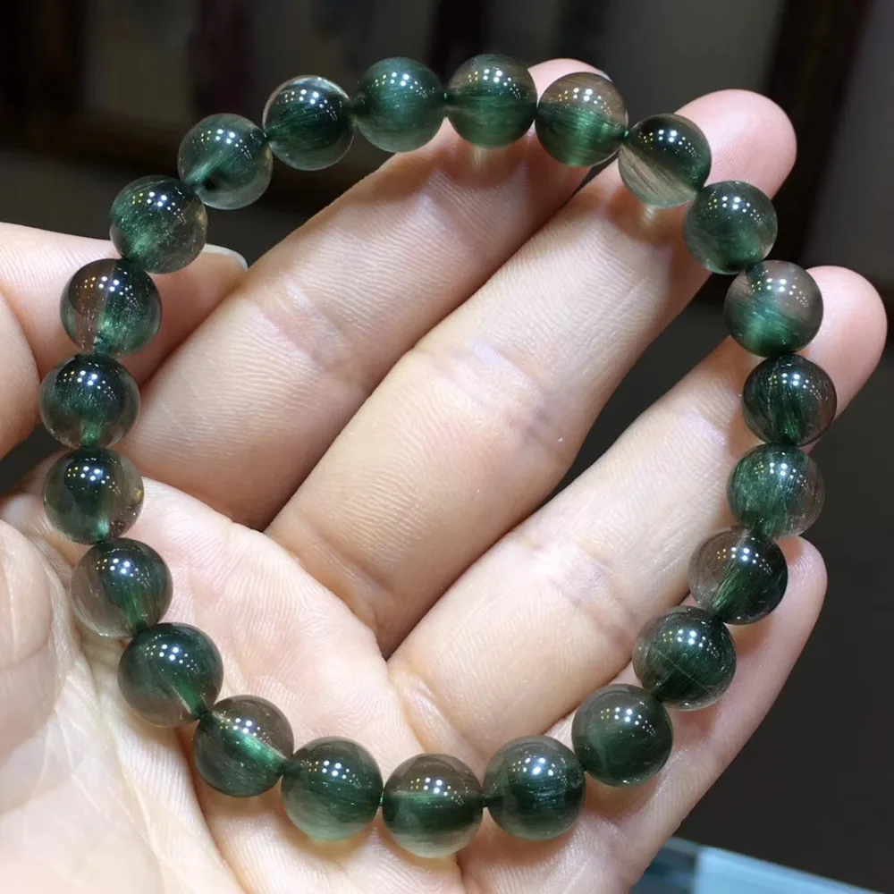 

8mm Natural Stone Green Hair Rutilated Quartz Crsytal Bracelet Women Men Cat Eye Effect Anniversary Gift Round Beads Charms