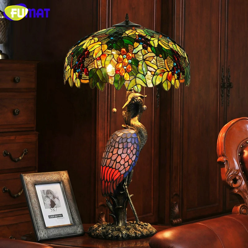 

FUMAT Vintage Tiffany Grape Shade Table Lamps Artistic Deco Crane Stand Table Lights For Living Room Bedside LED Quality Light
