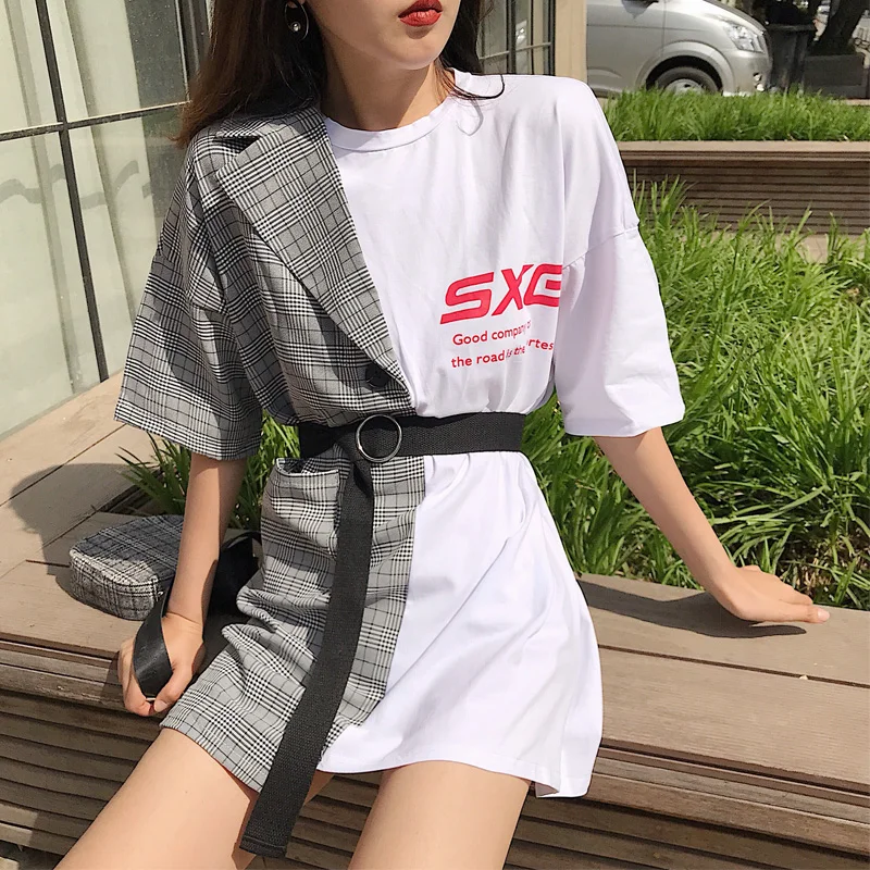 Женское платье с коротким рукавом платье-двойка в клеточку длинным поясом 2019 |