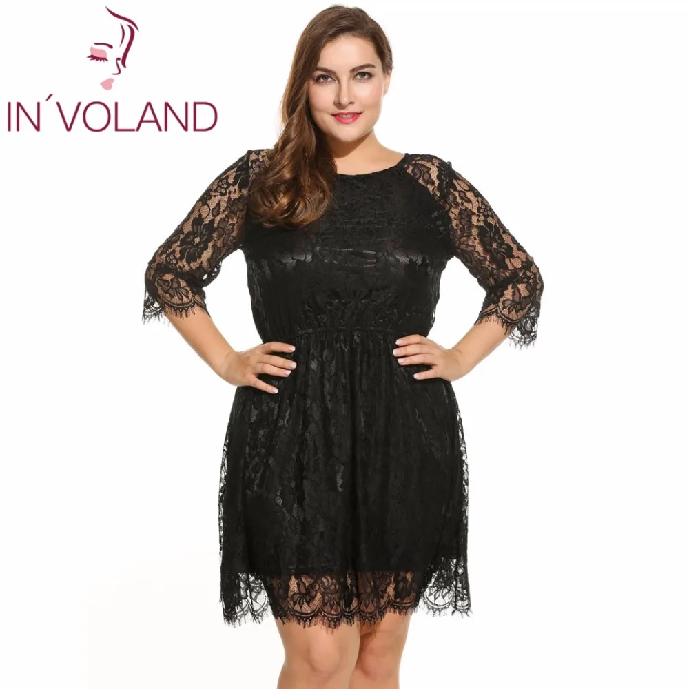 IN'VOLAND Women Lace Dress Plus Size 4XL Vintage Spring Autumn Long Sleeve Solid O Neck Party Dresses Feminino Vestidos | Женская