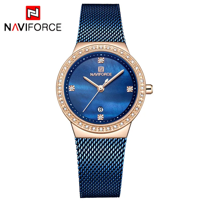 Rose Gold Blue Бренд NAVIFORCE, роскошные часы для женщин, модная одежда, кварцевые наручные часы, женские водонепроницаемые часы из нержавеющей стали, Relogio Feminino - Цвет: Rose Gold Blue