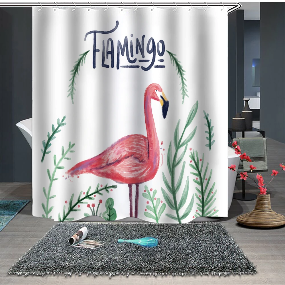 

Custom Made Shower Curtain Bathroom Curtain Partition 1.5 x 1.8m 1.8 x 1.8m 1.8 x 2m Flamingo Palm Leaves White