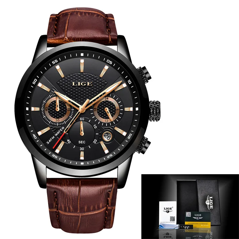 All black L LIGE новые часы мужские модные спортивные кварцевые часы мужские s часы брендовые роскошные кожаные бизнес водонепроницаемые часы Relogio Masculino - Цвет: All black L