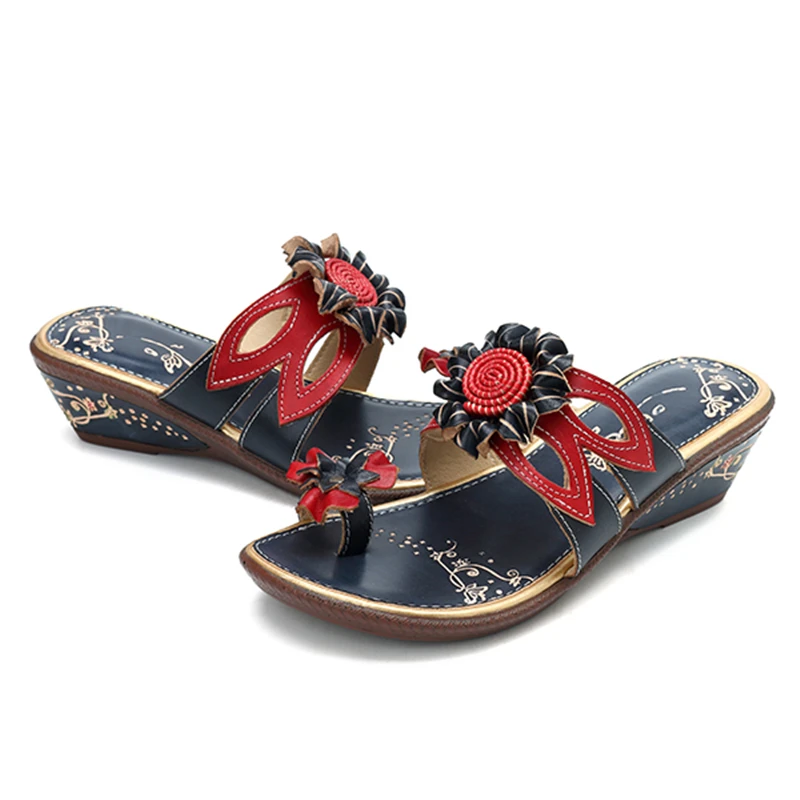 Socofy Flip Flops Slippers Women Shoes Genuine Leather Vintage Flower Ladies Shoes Summer Casual Slippers Beach Flat Slides New