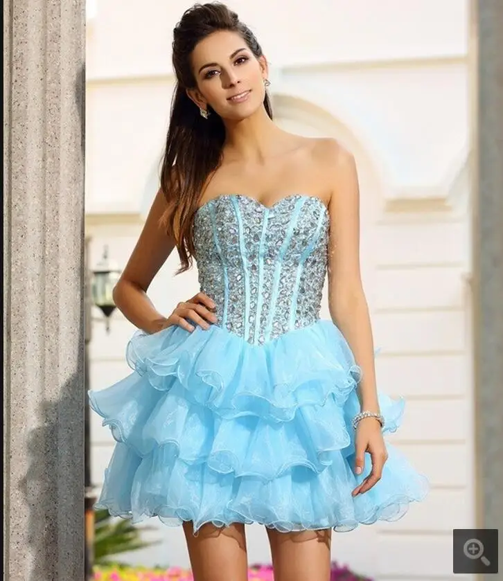2017 платье для выпускного со стразами небесно голубое многослойное короткий