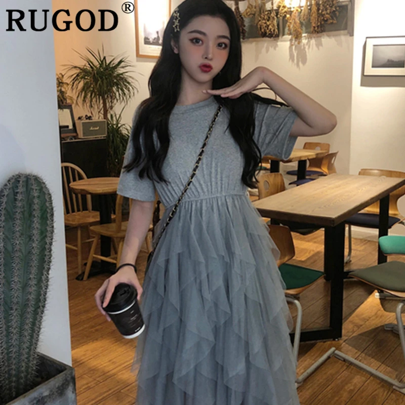 Женское плиссированное платье RUGOD Сетчатое лоскутное с высокой талией свободное
