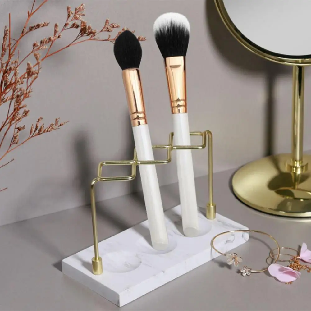 Resin Marble Base Metal Rack Toothbrush Holder Portable Makeup Brush Holder Compartment Storage Desk Organizer