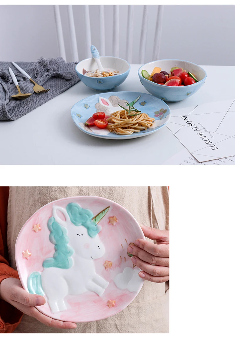 Творческий Керамическая посуда наборы Симпатичный мультфильм Unicorn фарфоровый набор посуды Латы Ложка Bowl Детская Посуда Посуда