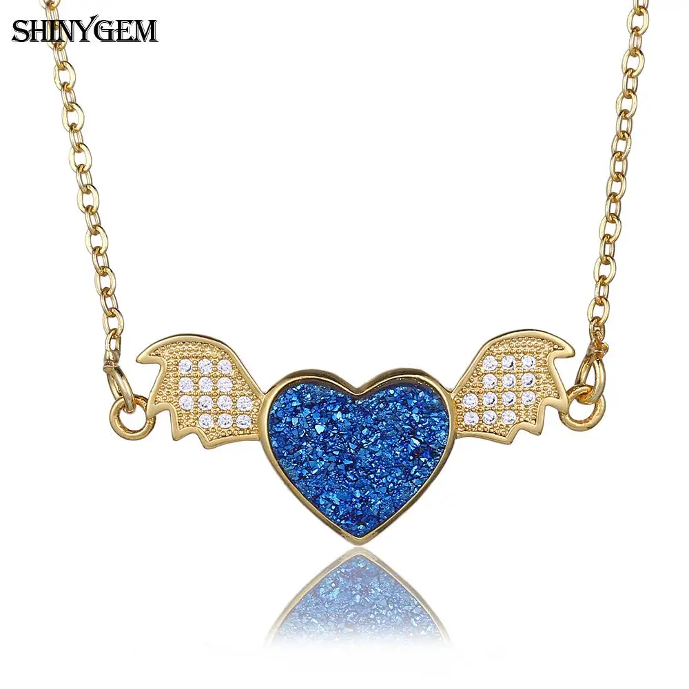 

ShinyGem Cute Angel Heart Pendant Necklace Sparkling Natural Druzy Stone Love Heart Necklace CZ Crystal Wing Necklaces For Women