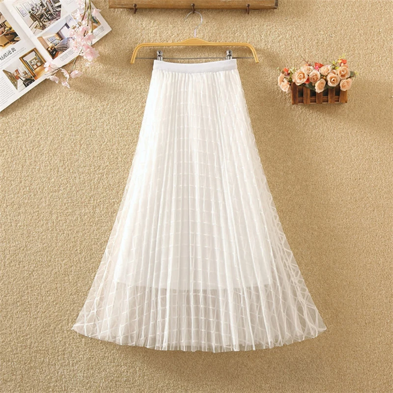 2019 spring Summer Tulle Skirt Women pleated tutu skirt beading A-line mesh midi female Two layers long elegant | Женская одежда
