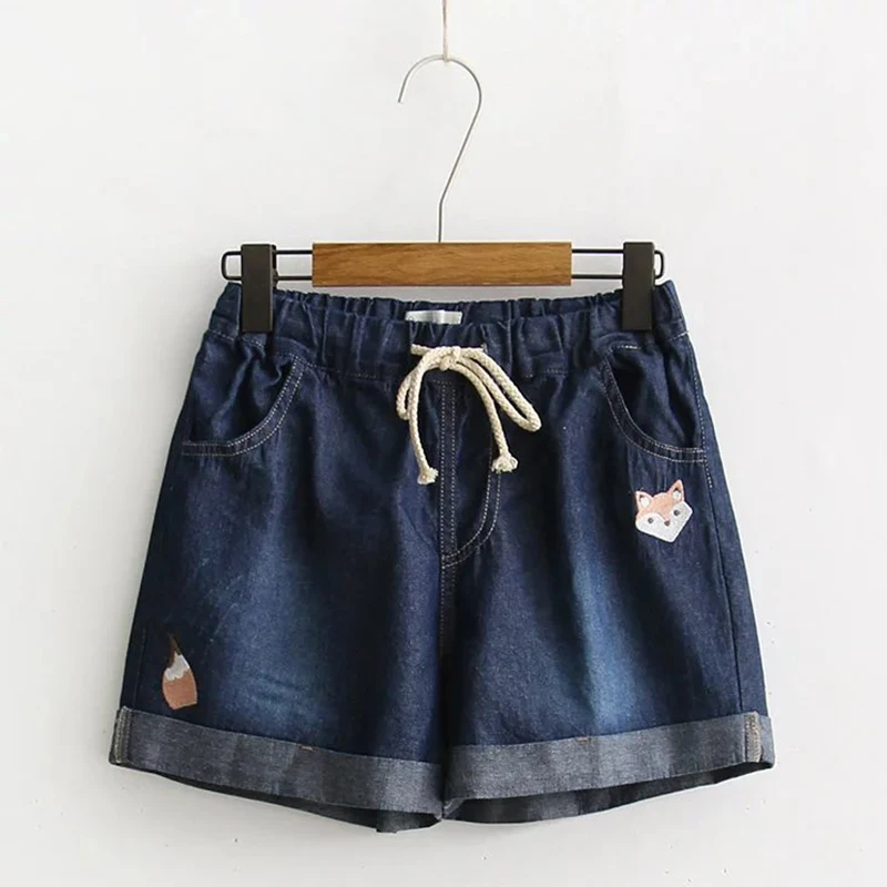 

Summer Mori Girl Casual Sweet Cowboy Shorts Women Cute Fox Embroidered Drawstring Pocket Denim Female Vestido Shorts Z109