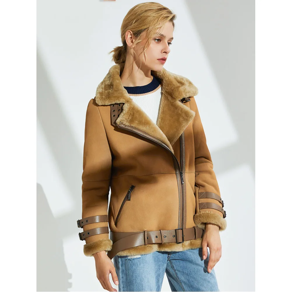 Women's B3 Shearling Jacket Women's Short Motorcycle Jacket Women's Winter Leather Warm Jacket