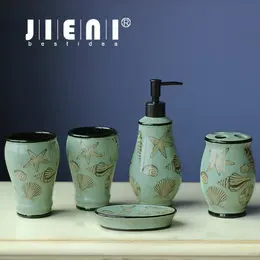 JIENI Фарфоровые аксессуары для ванной комнаты Набор в китайском стиле сантехника мыльница зубная щетка держатель Зубная чашка Ванная комната 5 шт. набор - Цвет: KXP2004-6