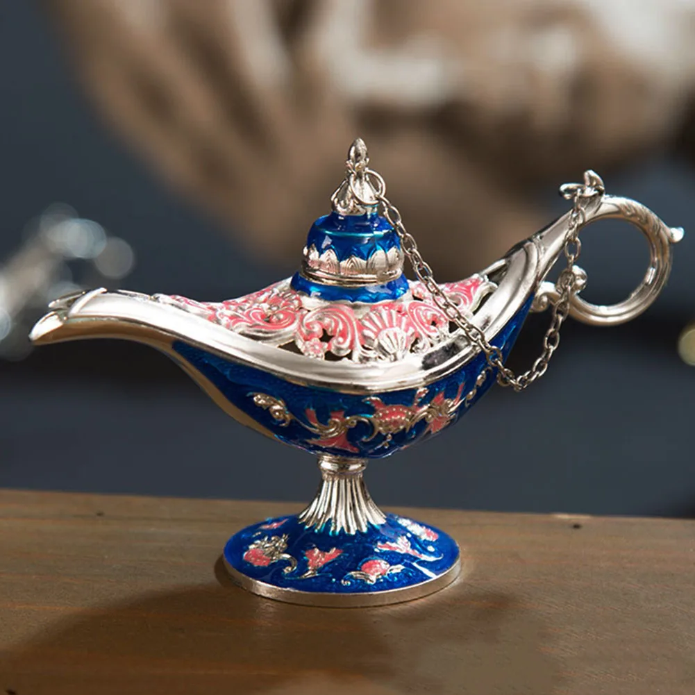 Silver And Blue Украшения Искусство дома резной подарок цинковый сплав традиционный Винтаж чайник ладан горелка ремесла масло Ретро Аладдин лампа Декор - Цвет: Silver And Blue