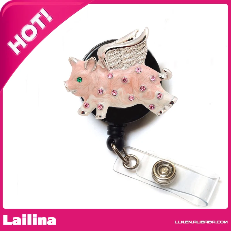 

Gentle Enamel Rhinestone Fair Pig with Wings Retractable Badge Reel/ ID Badge Holder / Brooch / Pendant / Reels