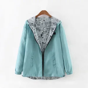 Куртка Женская Базовая с мультяшным принтом, двусторонняя верхняя одежда на молнии, с капюшоном и карманами, весна-осень 2021