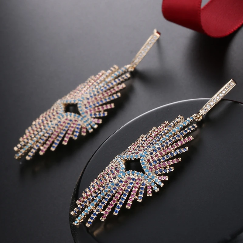 

2018 Luxury Ethnic Feather Wedding Drop Earrings India Africa Multicolor Fashion Jewelry Big Feather Dangle Earrings for Women