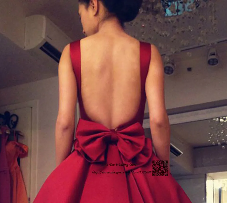 Burgundy Evening Dresses 2016 Short Prom Dress Backless Bow Satin Tea Length Imported Party Square Vestido de Festa Curto | Свадьбы и