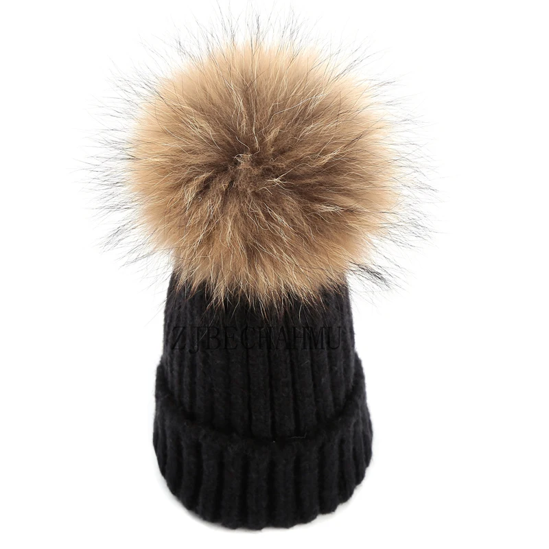 Модные новые помпоны из натурального Лисьего меха и норки, 15 см, Skullies Beanies, шапка для женщин и девушек, зимние шапки, одноцветные шерстяные теплые шапки Skullies Beanies, шапка
