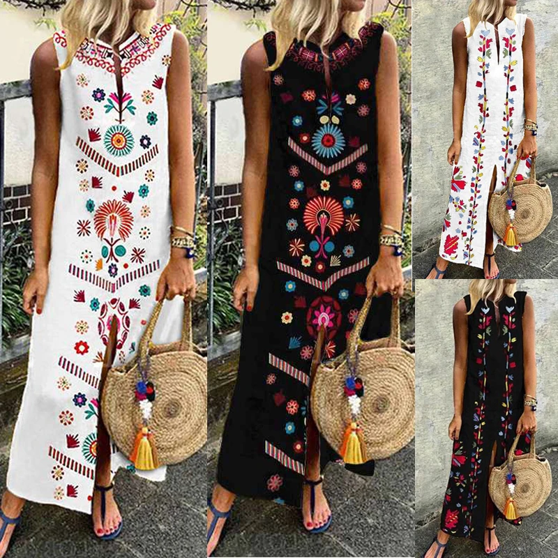 Для женщин летние flpral Boho Повседневное длинное вечерние коктейльное пляжное платье Открытое платье без рукавов, из набивной ткани, с Разделение в этническом стиле платье